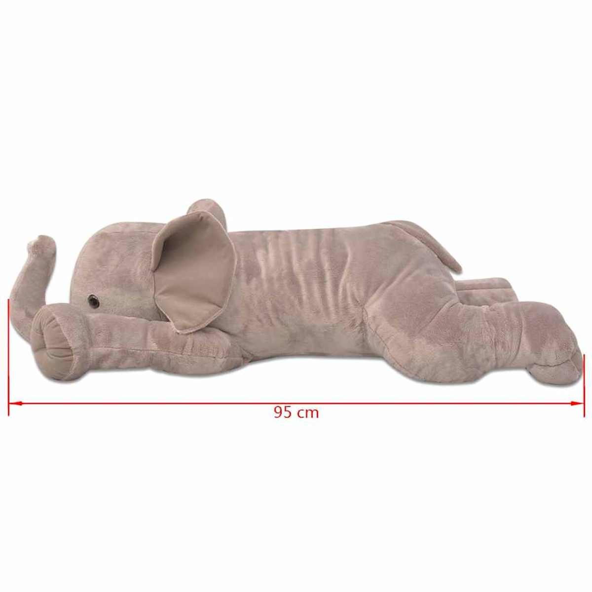 Ein grauer Plüschelefant liegt ausgestreckt auf dem Boden. 95 cm.