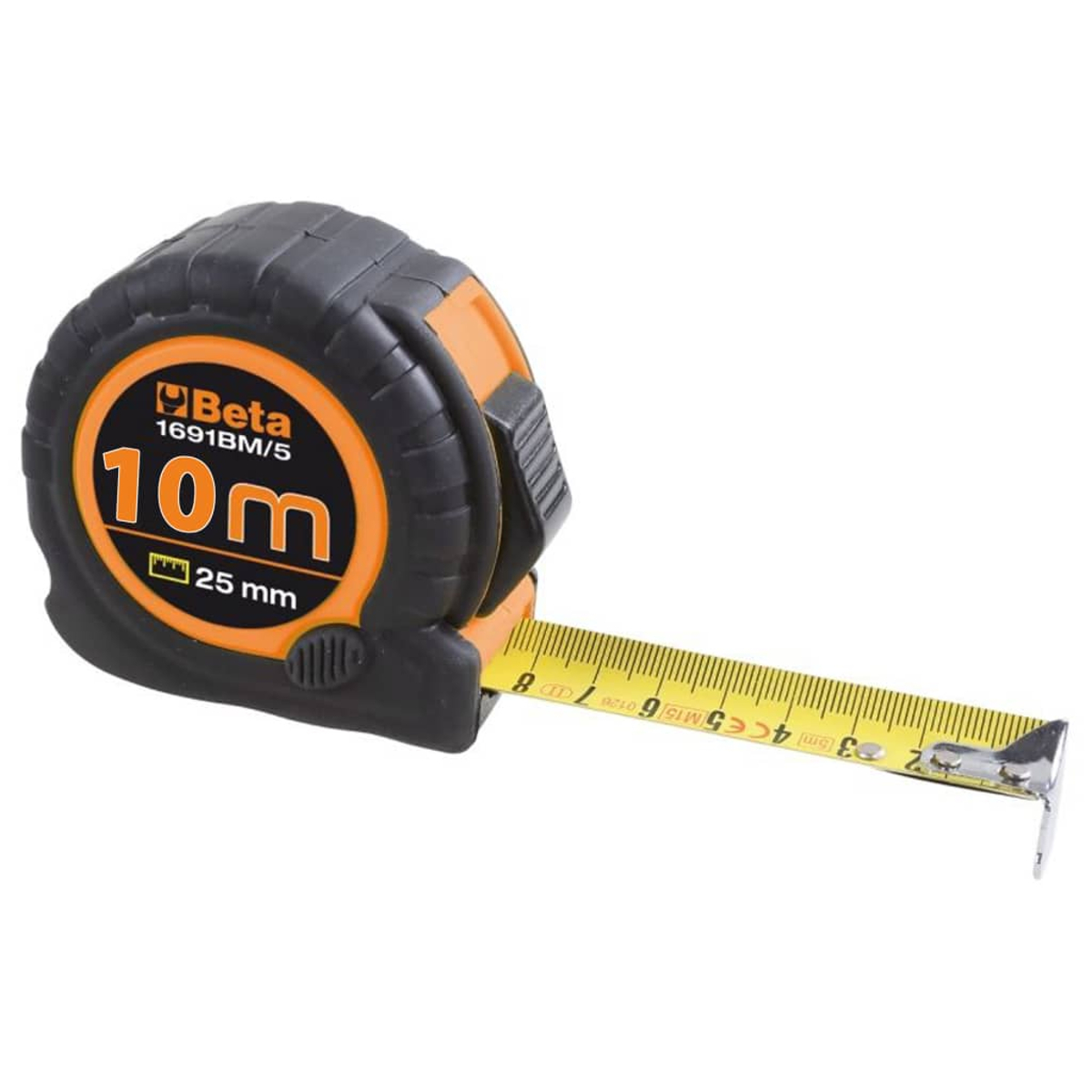 Ein schwarzes und orangefarbenes 10-Meter-Maßband von Beta mit ausgefahrenem Band.