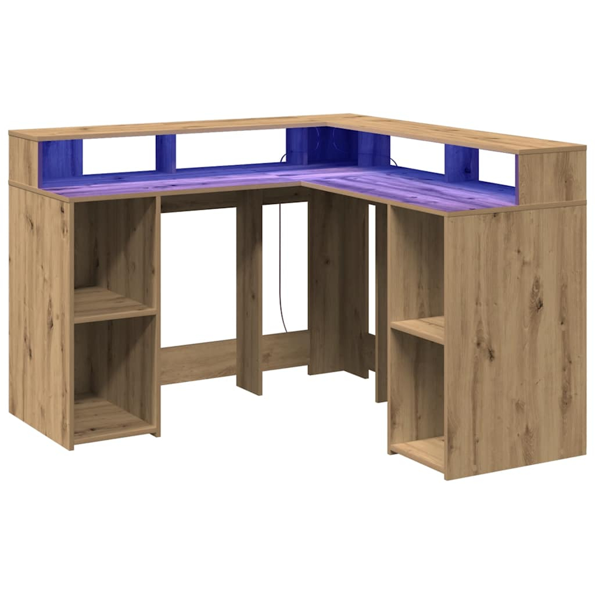 Eckschreibtisch aus Holz mit blauer Beleuchtung und offenen Regalen.