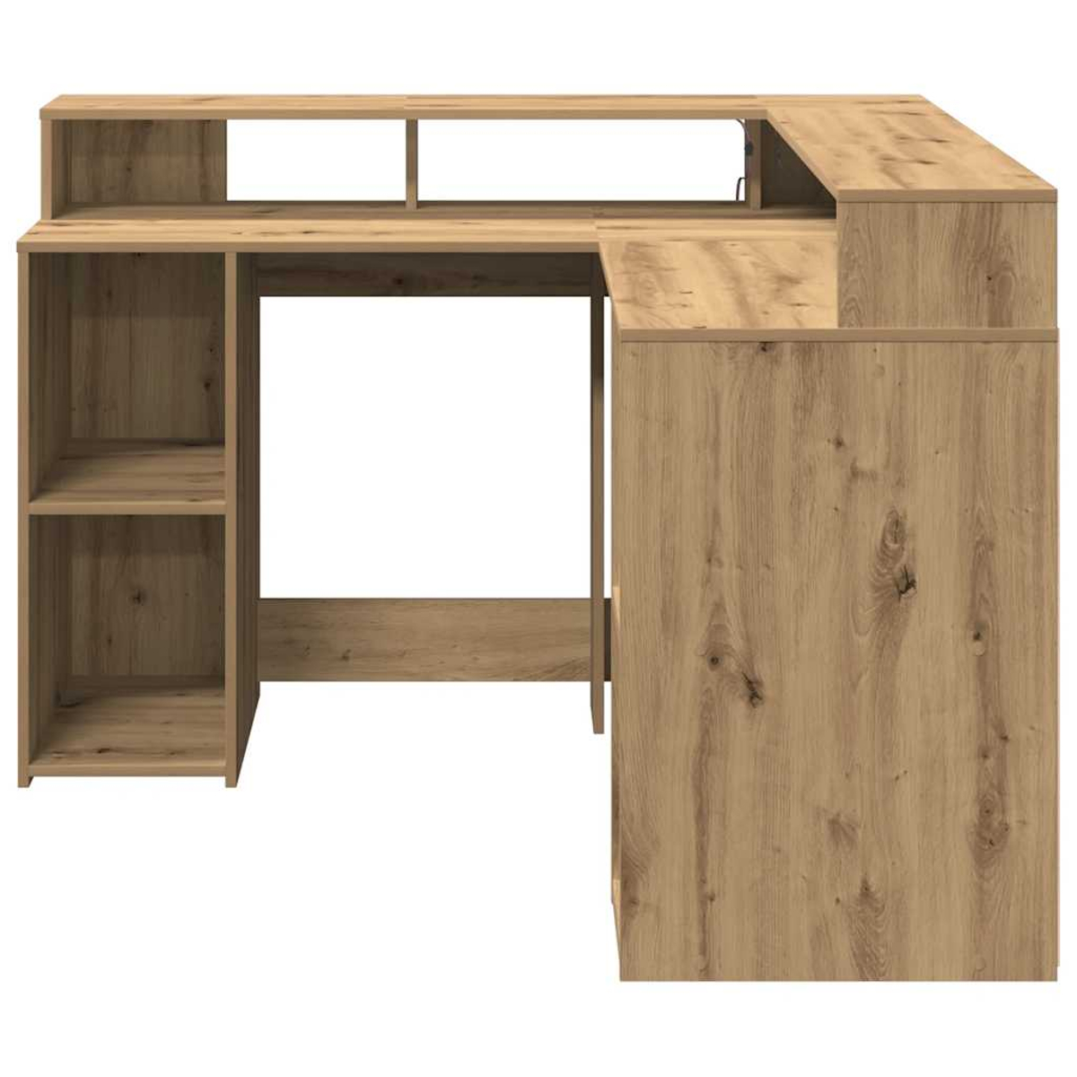 Ein Eckschreibtisch aus Holz mit Regalen und Ablageflächen.