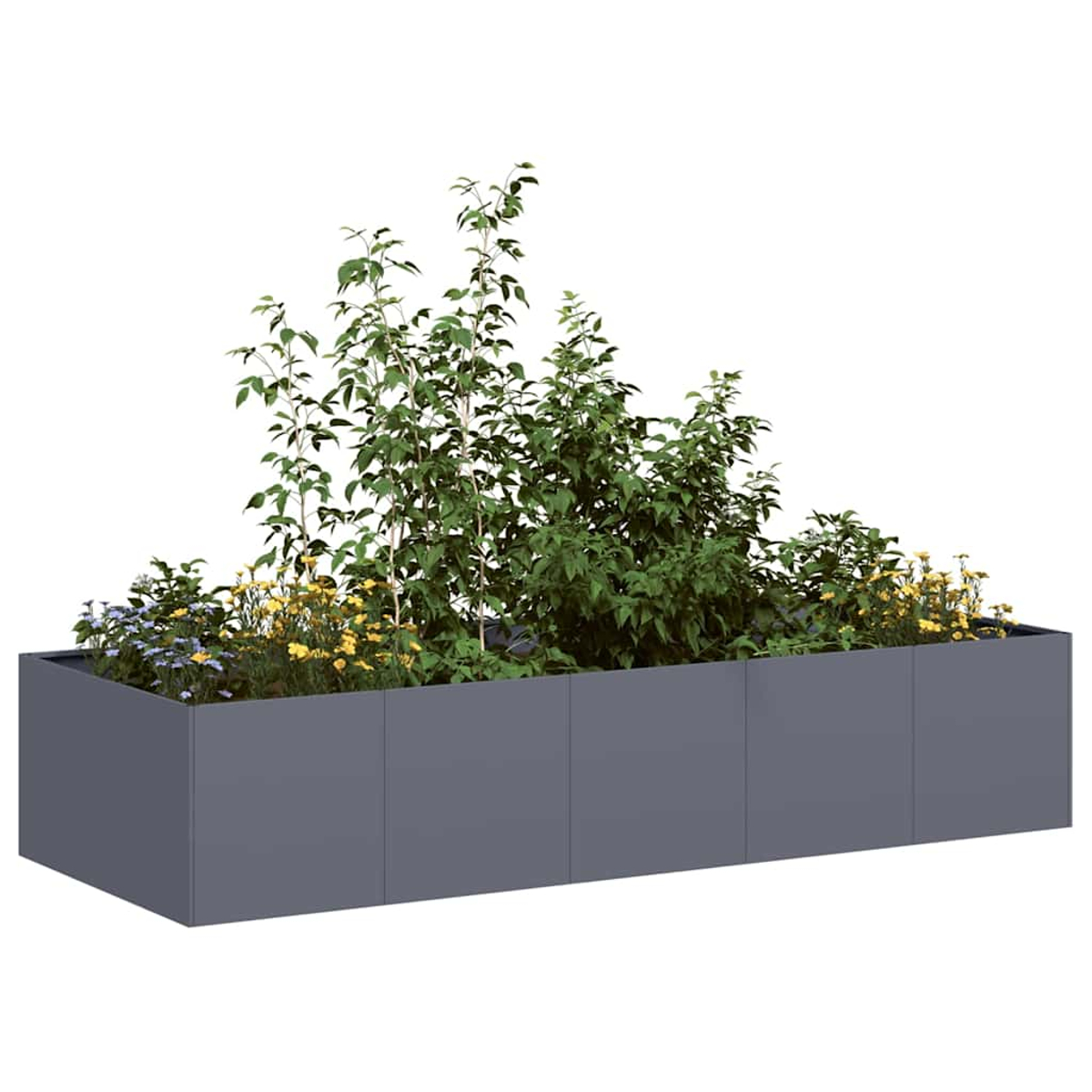 Un fioriera rettangolare grigia piena di lussureggianti piante verdi e fiori gialli e viola.