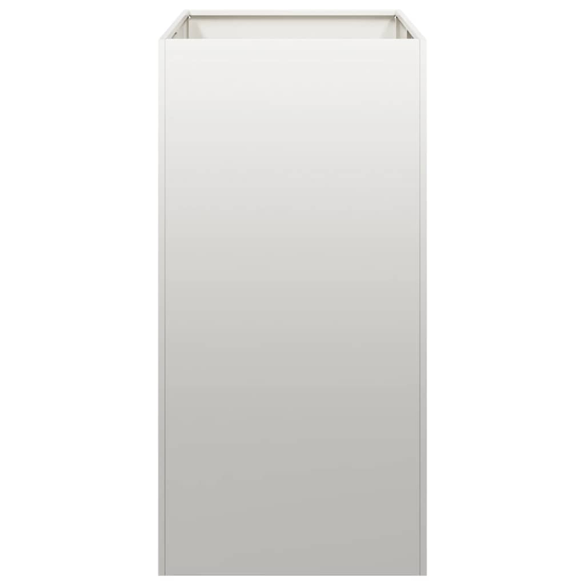 Un semplice contenitore rettangolare bianco con un top aperto su sfondo bianco.