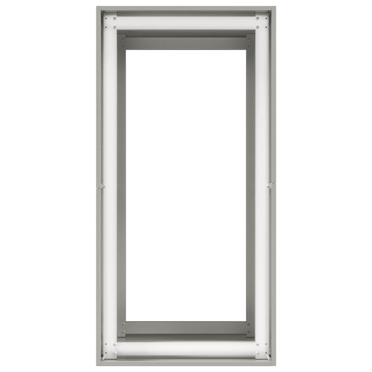 Un telaio di porta rettangolare grigio con tubi fluorescenti bianchi sui lati interni.