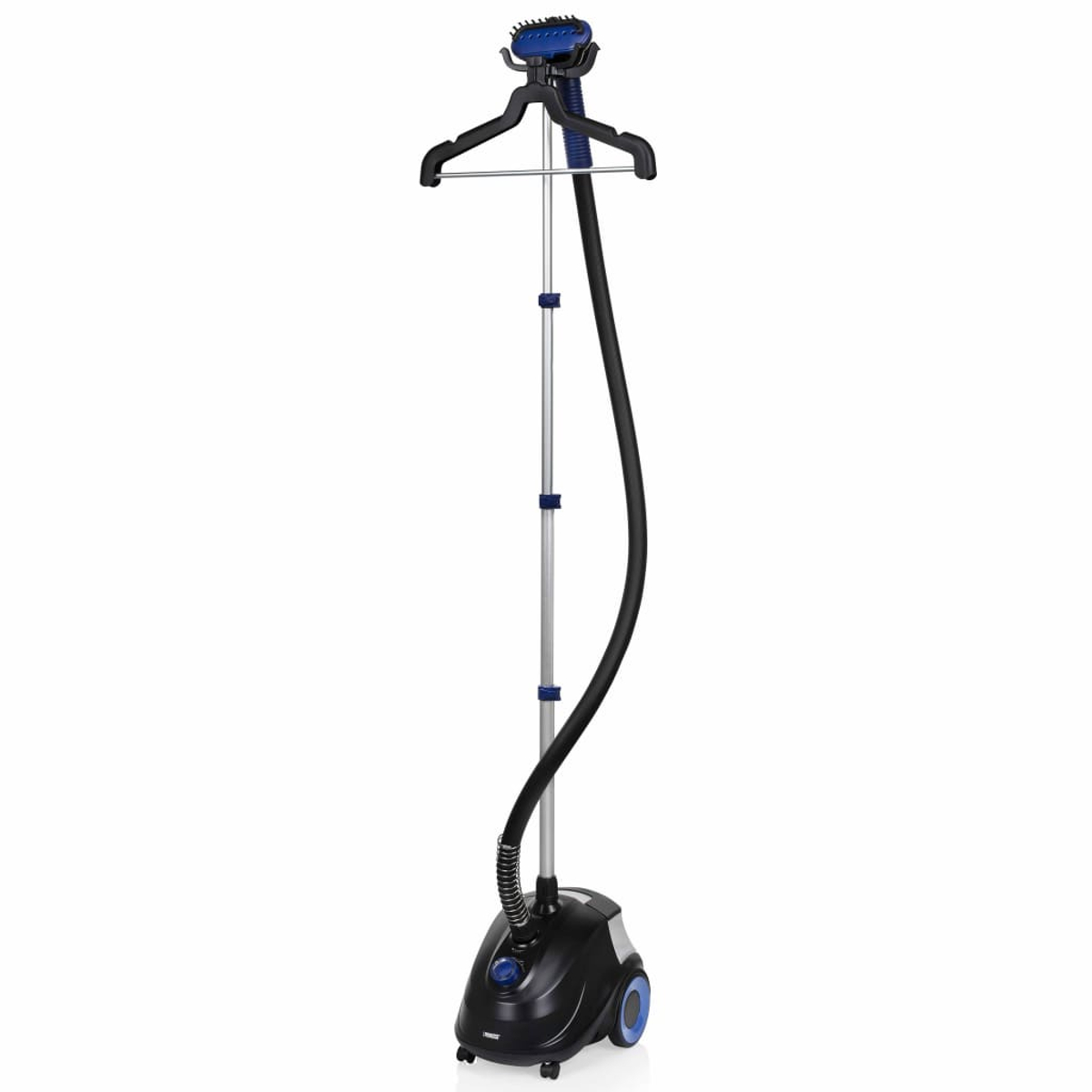 Un vaporizzatore per abiti nero con gruccia e tubo su sfondo bianco.