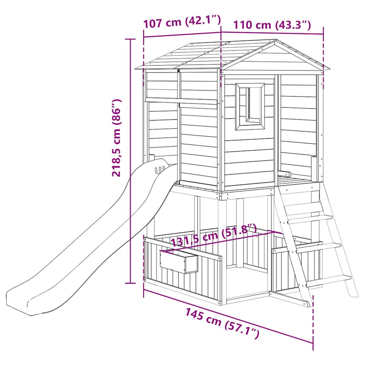 Holzspielhaus mit Rutsche, Leiter und Zaun, Maße angegeben.