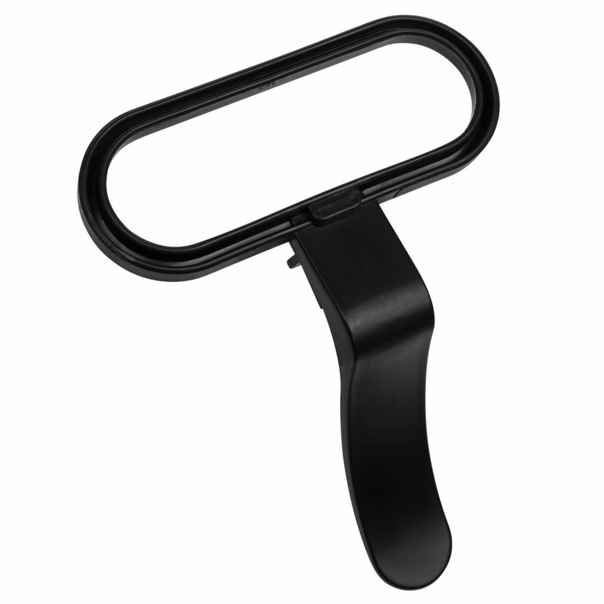 Manico ovale nero con stelo curvo su sfondo bianco.