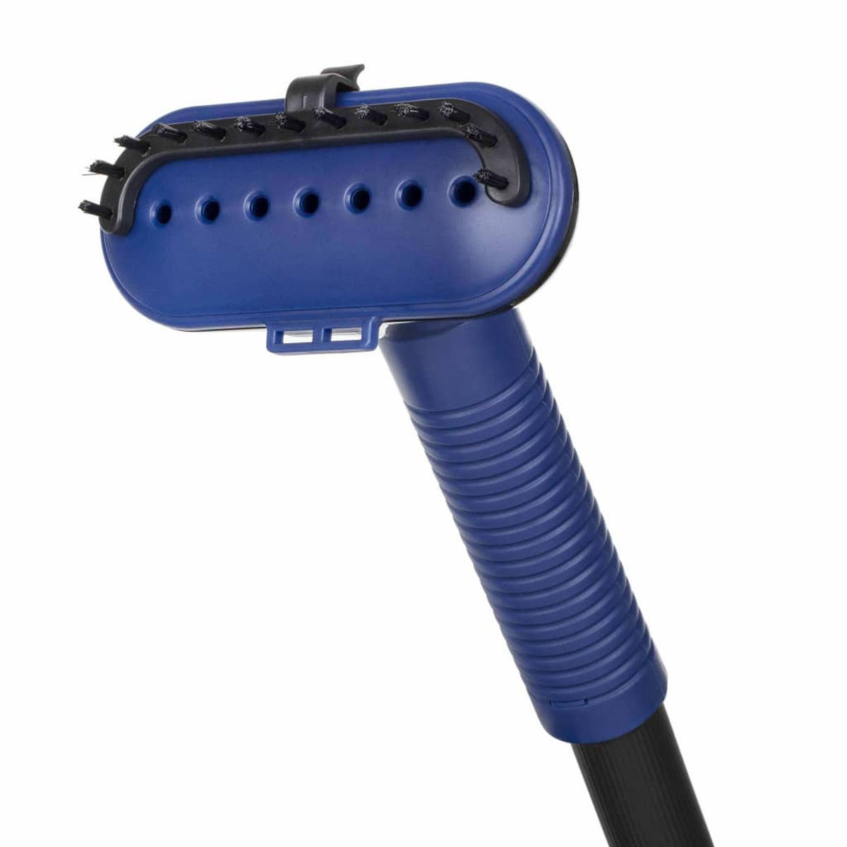 Accessorio per pulitore a vapore blu con spazzole e fori.
