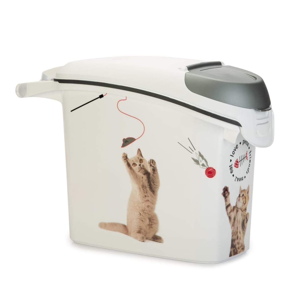 Ein weißer Behälter mit Katzenmotiv, der Futter für Haustiere aufbewahrt.