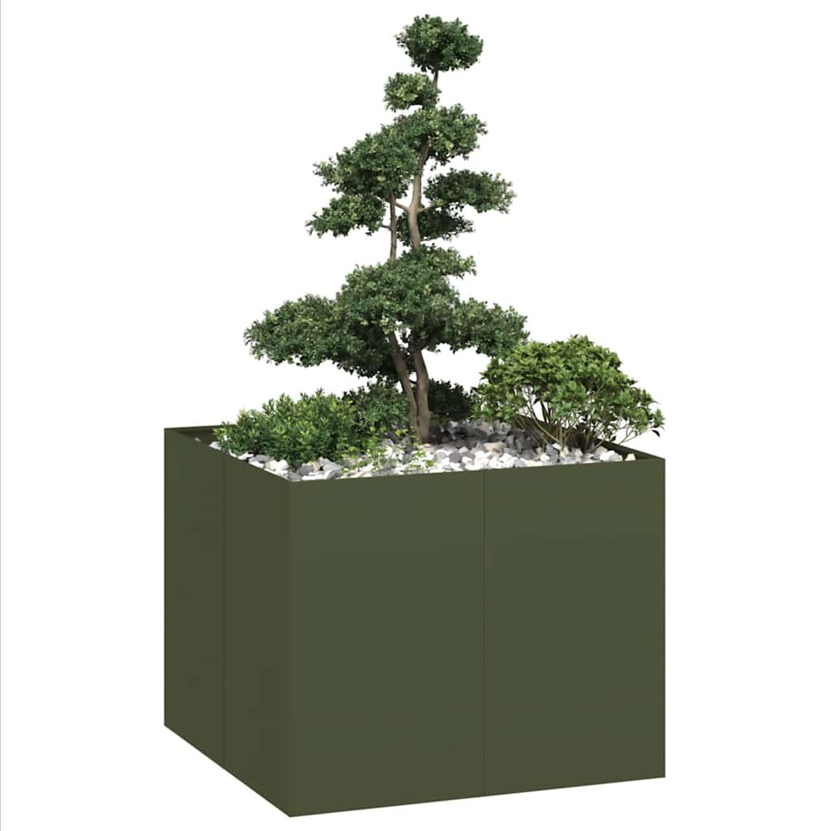 Ein grüner Würfelbehälter mit einer Bonsai-ähnlichen Pflanze und Büschen, bedeckt mit Steinen.