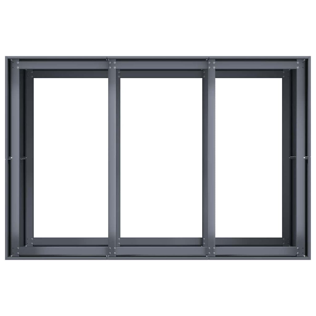 Cornice grigia con tre finestre vuote che mostrano uno spazio bianco.