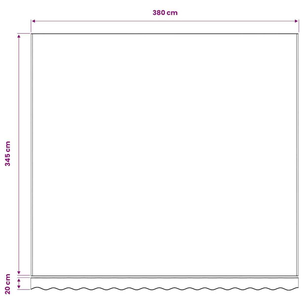 Ein Rechteck mit Maßen 380cm x 345cm, unten 20cm.