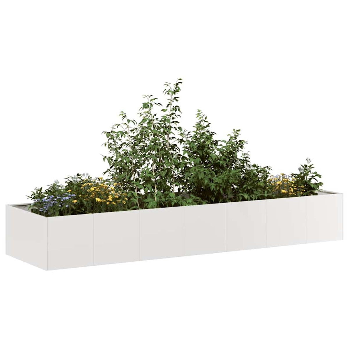 Ein weißer Pflanzkasten mit üppigen grünen Pflanzen und gelben und blauen Blumen.