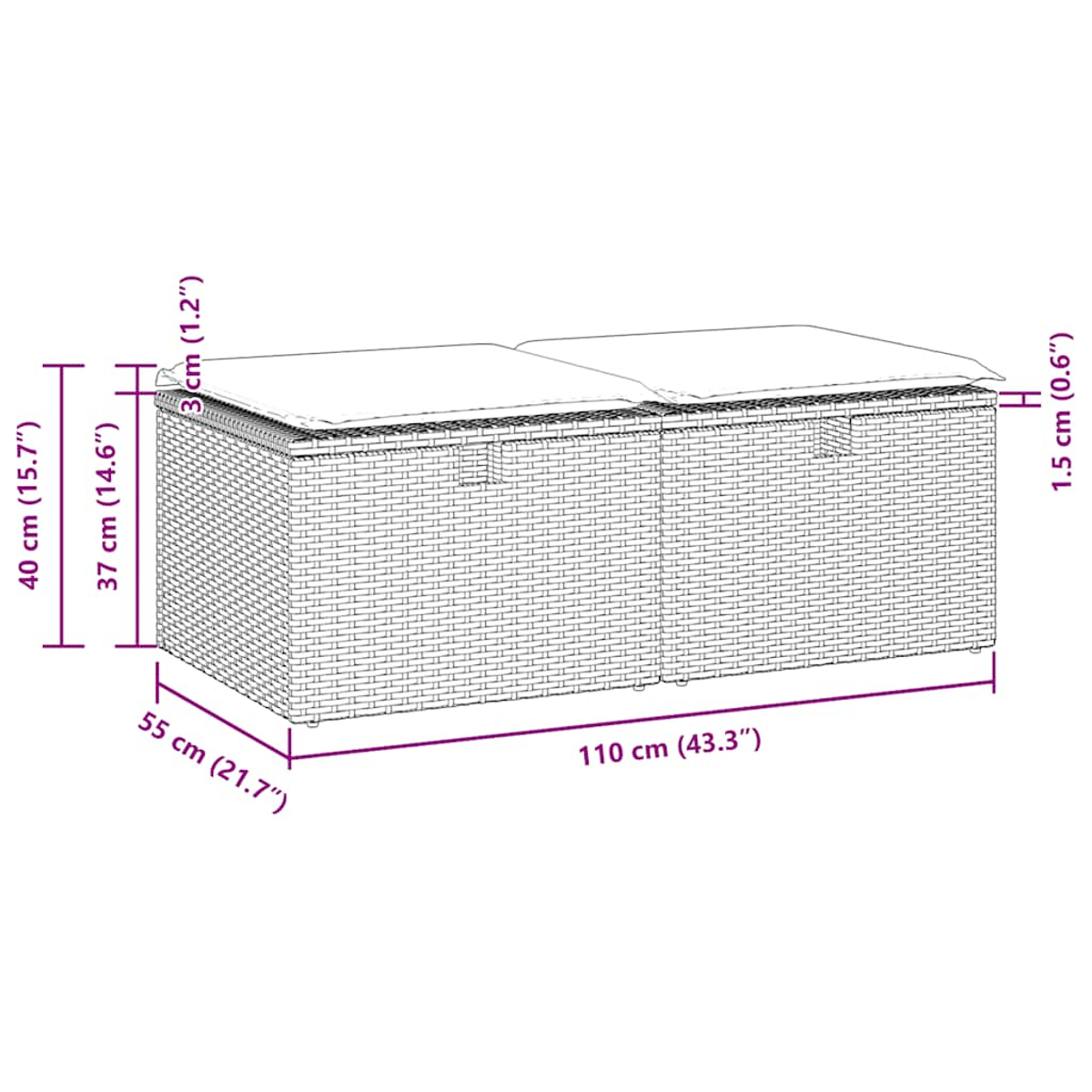 Rattan-Aufbewahrungsbox mit Maßen: 110x55x40 cm, mit Kissen.
