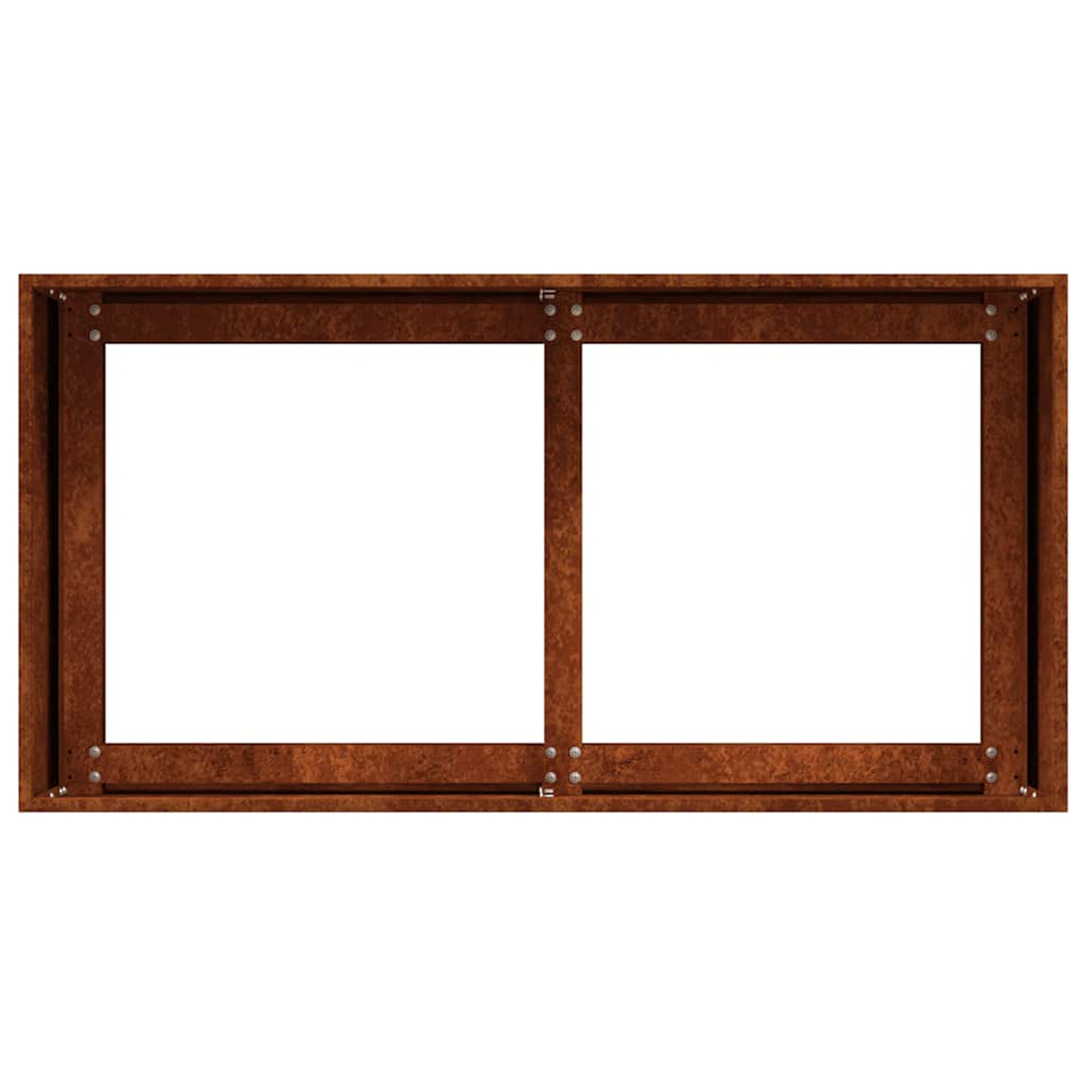 Una cornice rettangolare in legno marrone scuro con due pannelli vuoti.