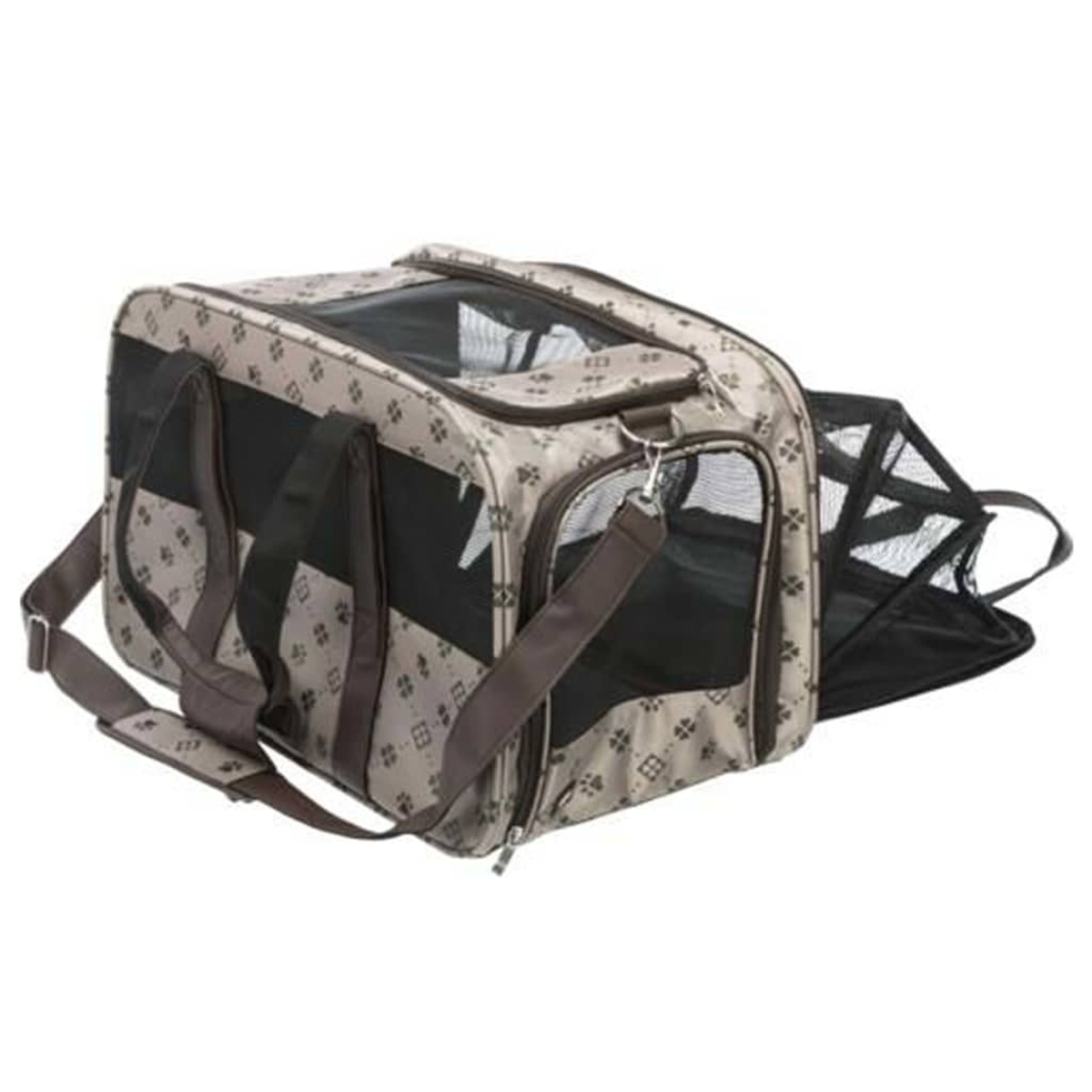 Eine beige und schwarze Transporttasche für Haustiere mit Pfotenabdruckmuster.