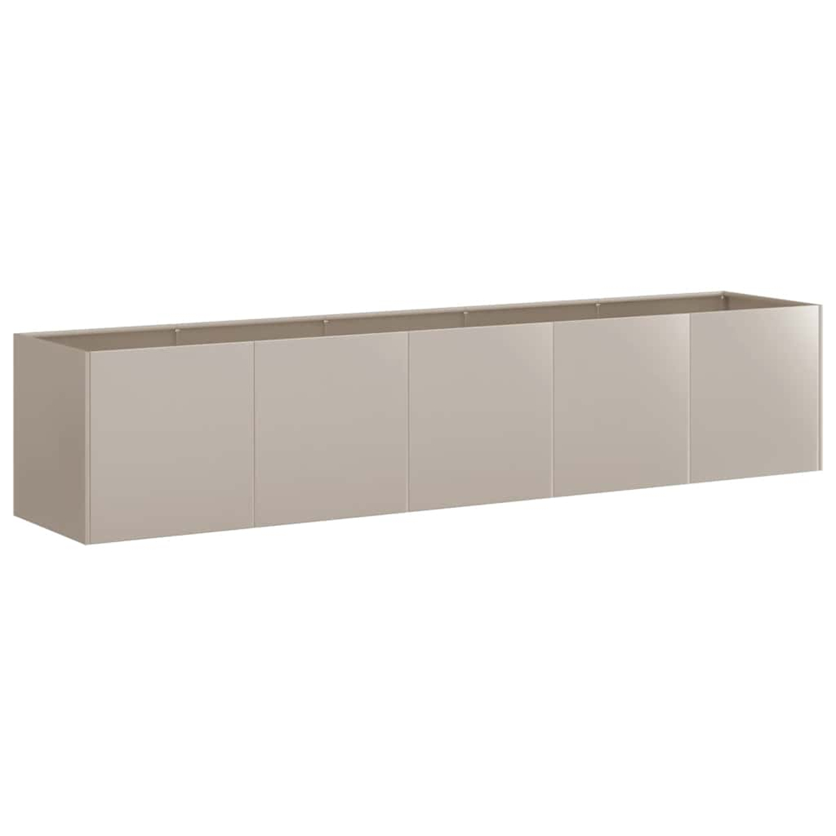 Un mobile pensile lungo, semplice e beige con cinque ante.