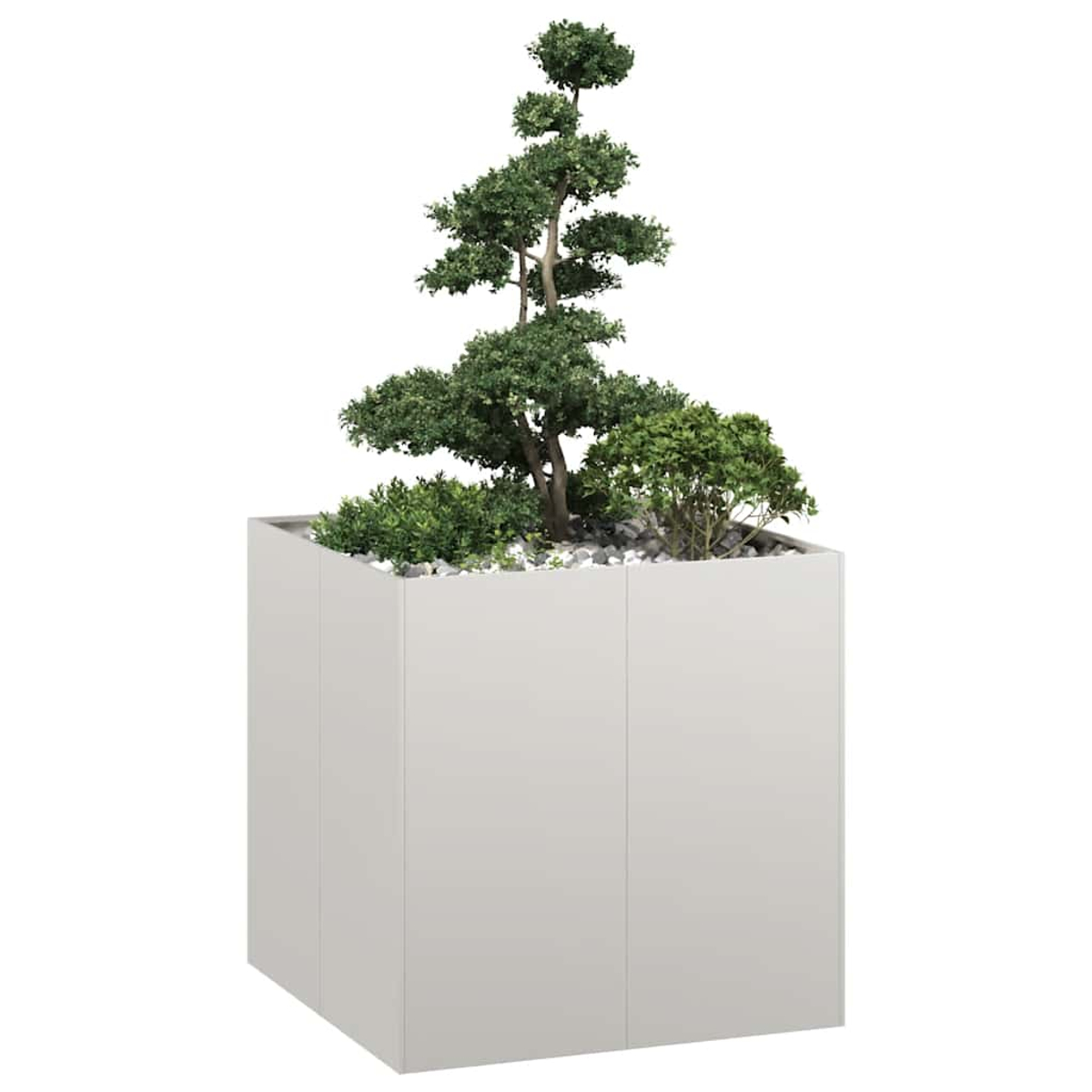 Un fioriera rettangolare grigia con un bonsai in miniatura e cespugli verdi.