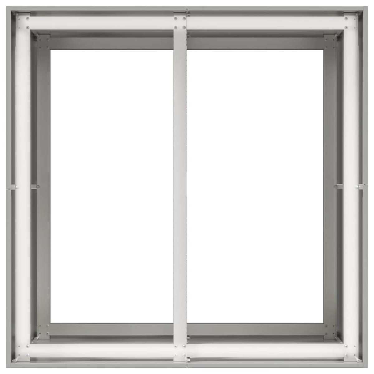 Una cornice in metallo grigio con due pannelli bianchi verticali.