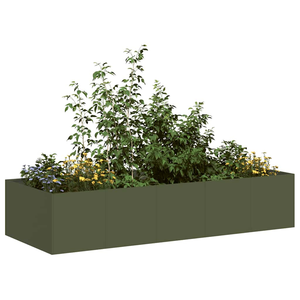 Una fioriera rettangolare scura piena di piante verdi e fiori gialli e blu.