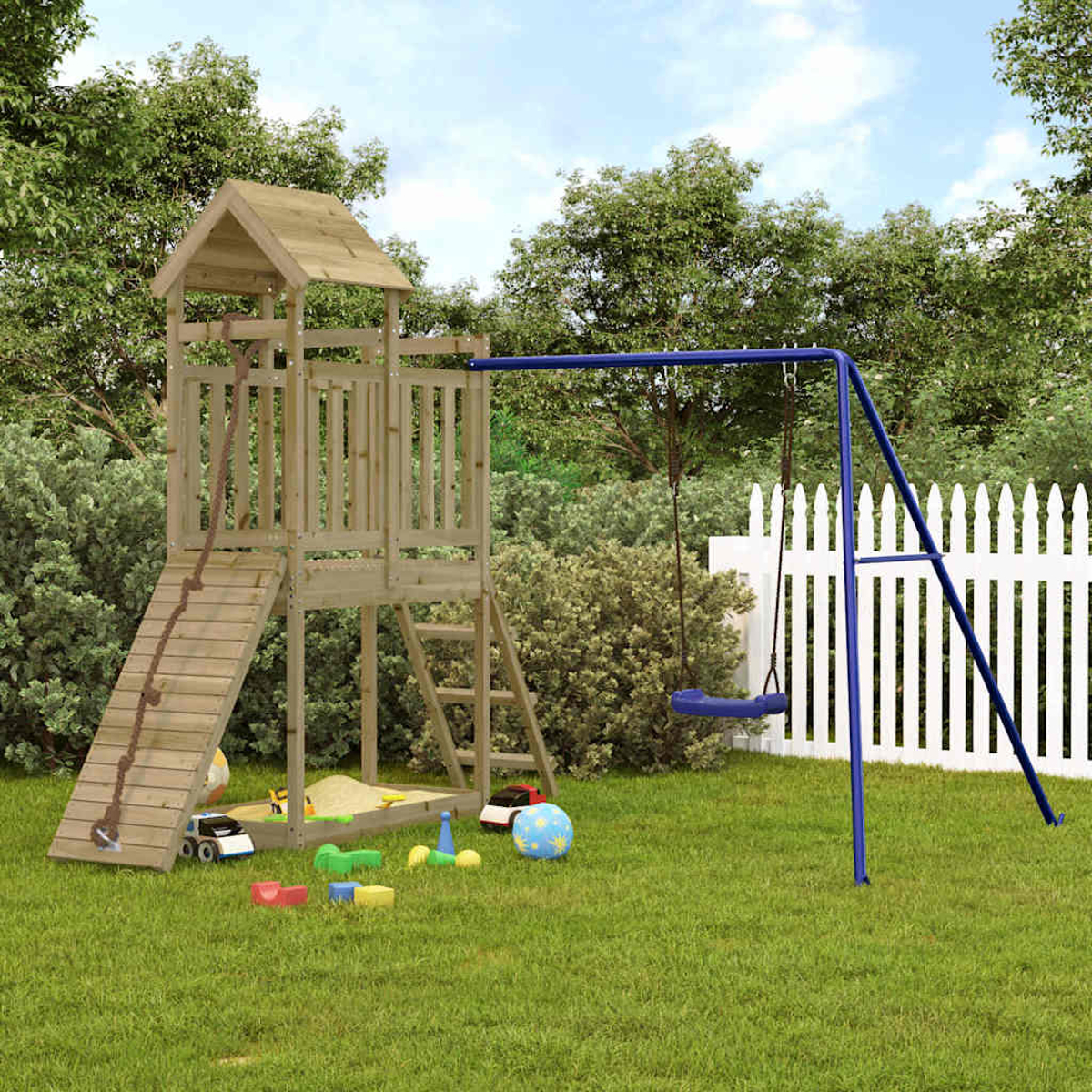 Ein hölzerner Spielturm mit Rutsche, Sandkasten und Schaukel im Garten.