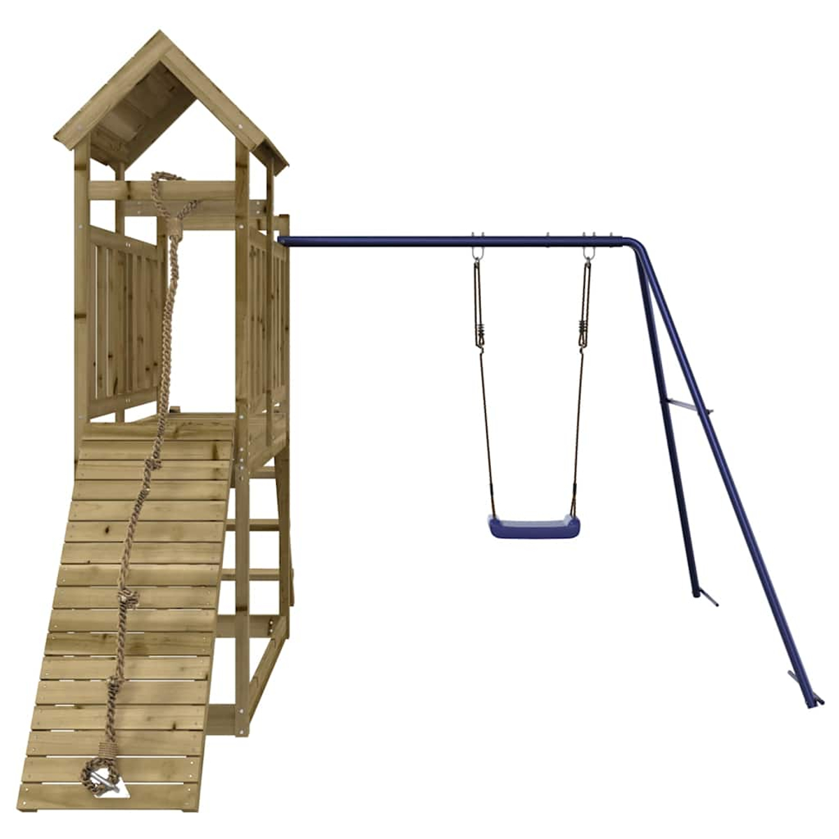 Holzspielturm mit Hängeleiter, Rutsche und blauer Schaukel auf blauem Gestell.