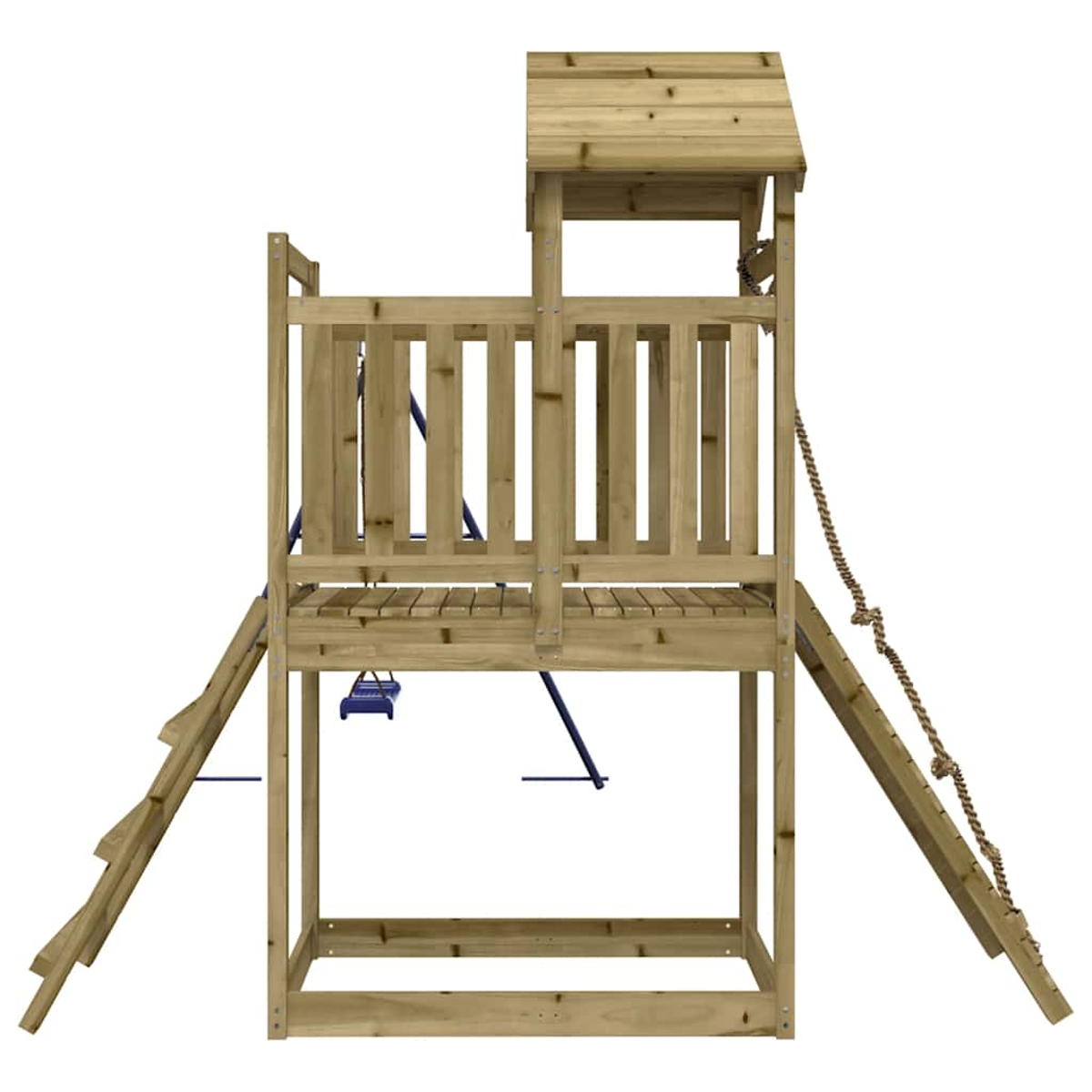 Ein hölzerner Spielturm mit Dach, Leiter, Seil und Schaukel.