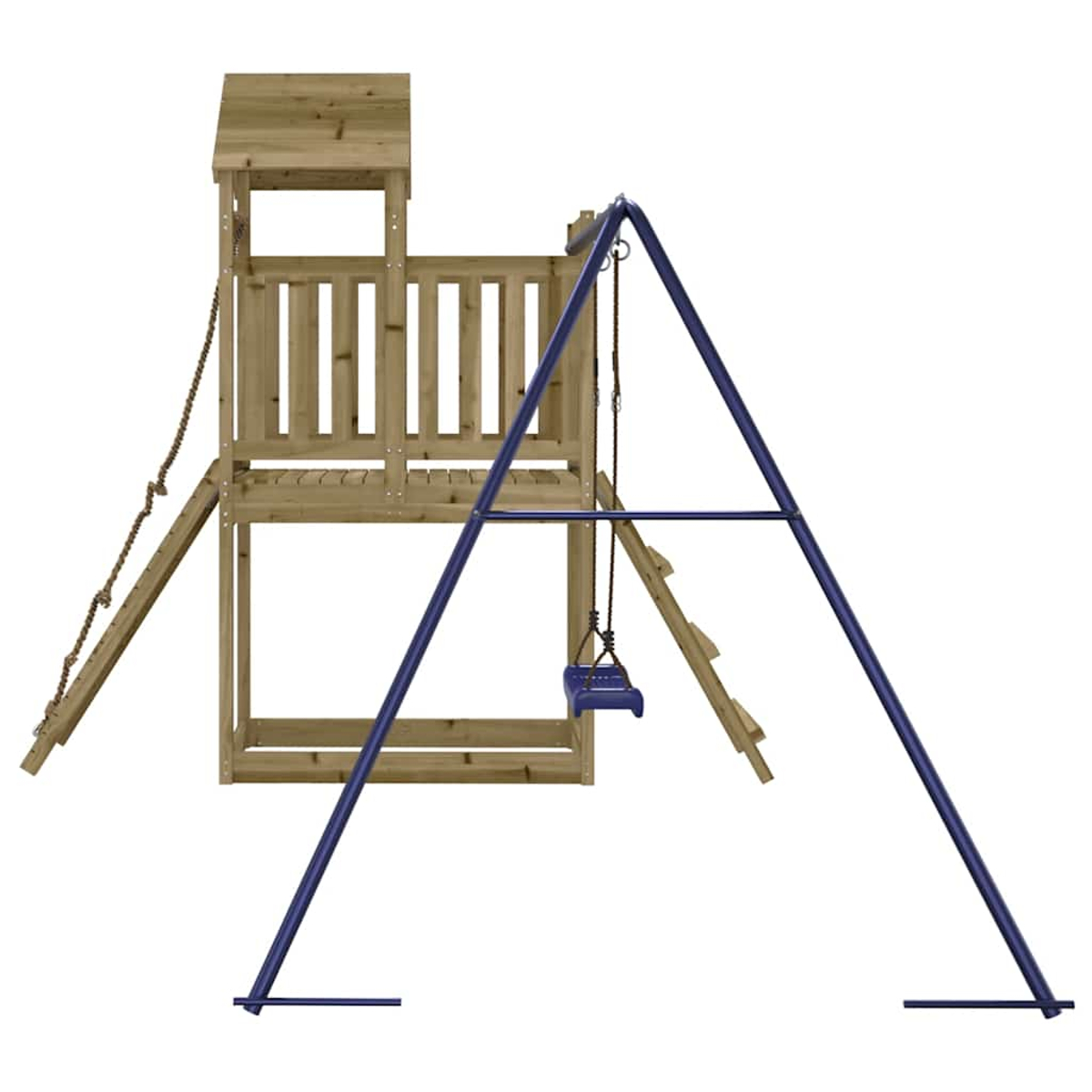 Holzspielturm mit Schaukel und Kletterseil.