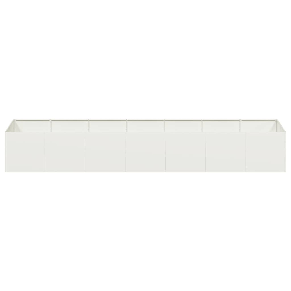 Un lungo stand fieristico bianco con otto segmenti su sfondo bianco.