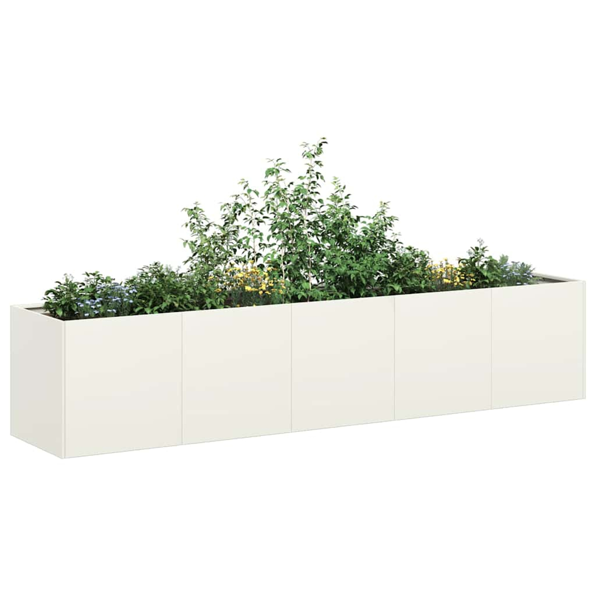 Una lunga fioriera color crema con varie piante verdi e piccoli fiori gialli.