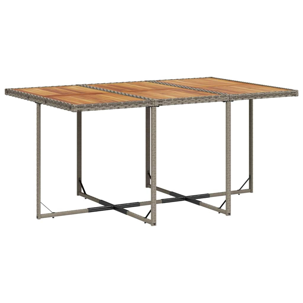 Ein rechteckiger Rattantisch mit Holzoberfläche und Metallbeinen.