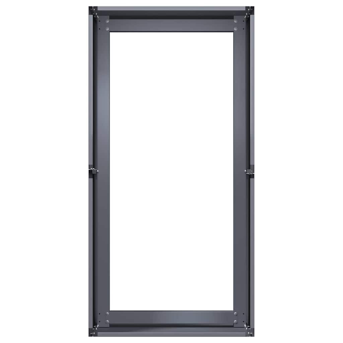 Un telaio di porta grigio scuro con ferramenta metallica su sfondo bianco.