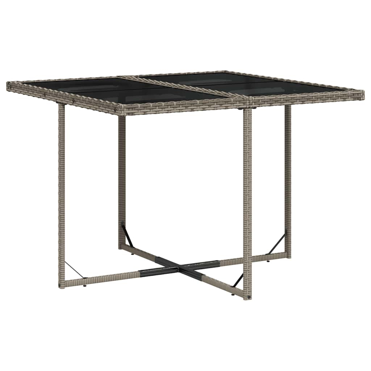 Ein rechteckiger Tisch aus Rattan mit Glasplatte und vier Beinen.