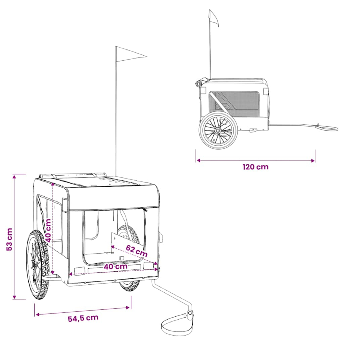 Zeichnung eines Anhängers mit Maßen: 54,5 cm B, 53 cm H, 120 cm L.