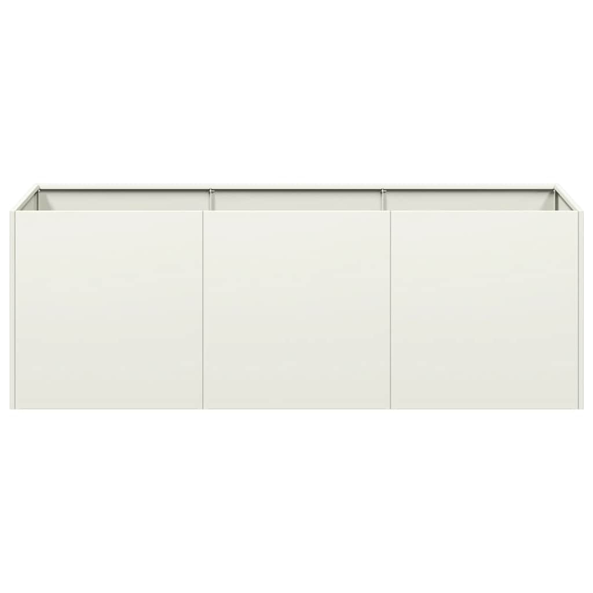 Un contenitore rettangolare color crema con tre ante su sfondo bianco.