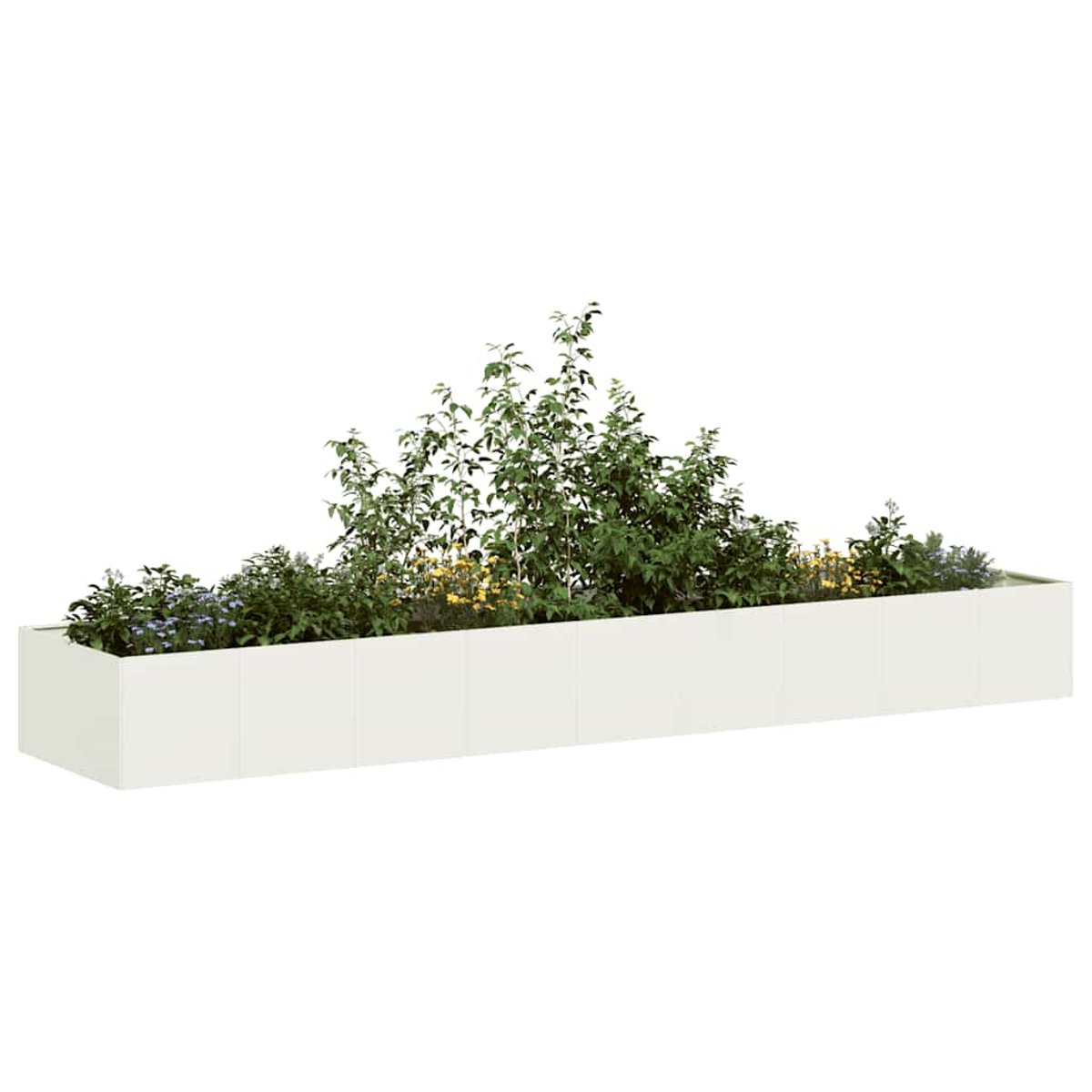 Un lungo fioriera bianco rettangolare con varie piante verdi e piccoli fiori gialli e blu.