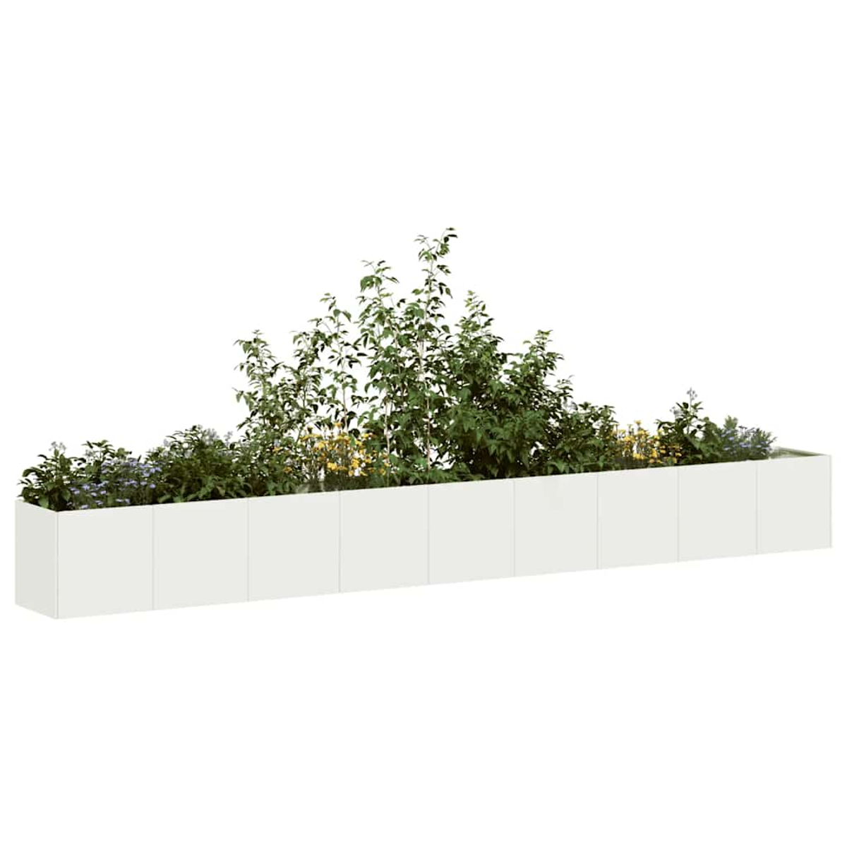Lunga fioriera bianca con piante verdi rigogliose e fiori gialli e blu.