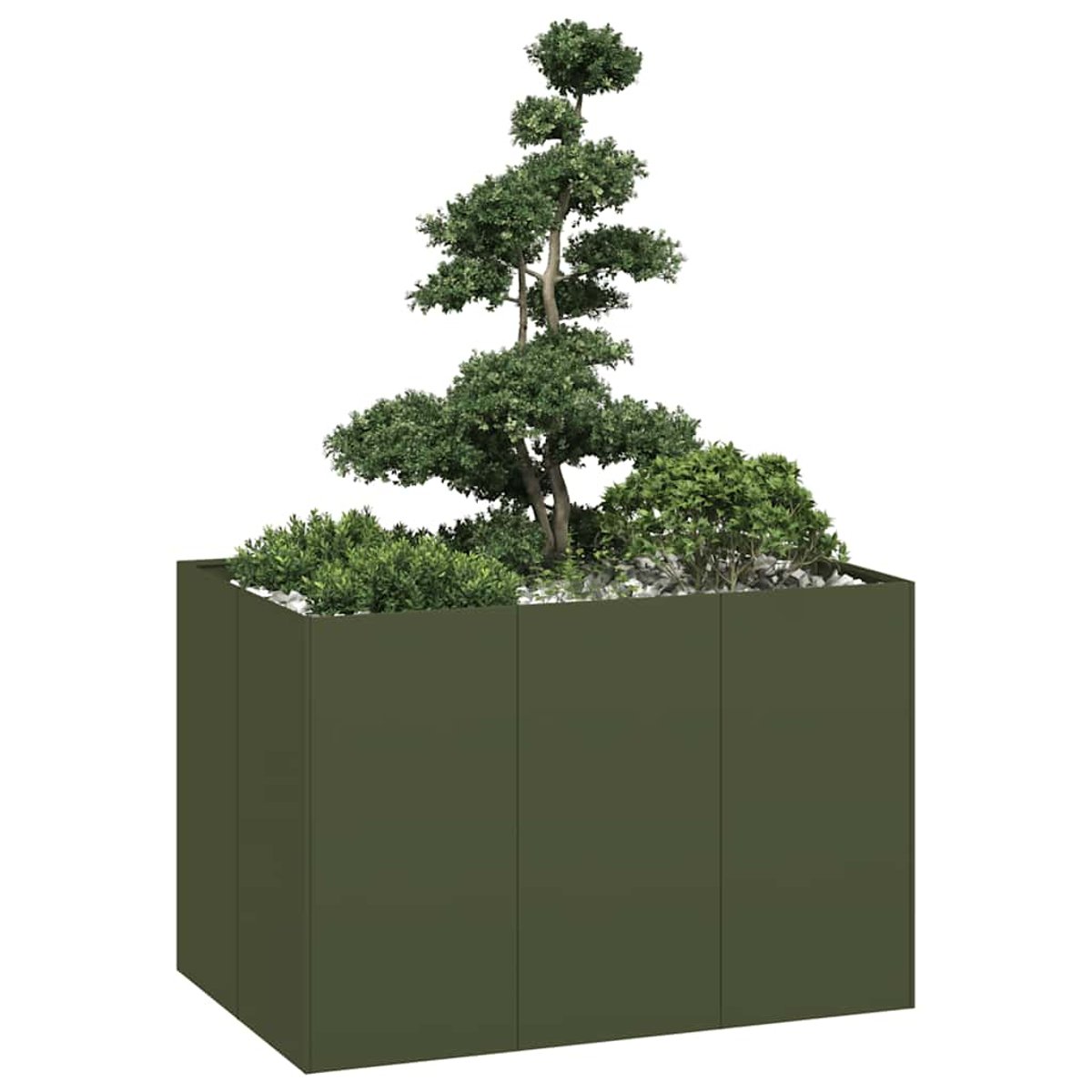 Un fioriera rettangolare verde con albero stilizzato e piccoli cespugli verdi.