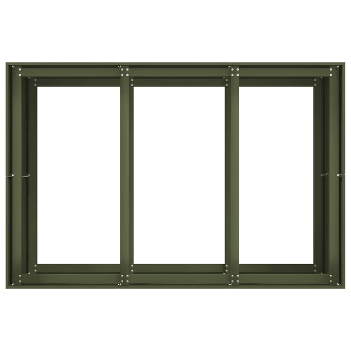 Una cornice metallica verde scuro con tre aperture rettangolari vuote.