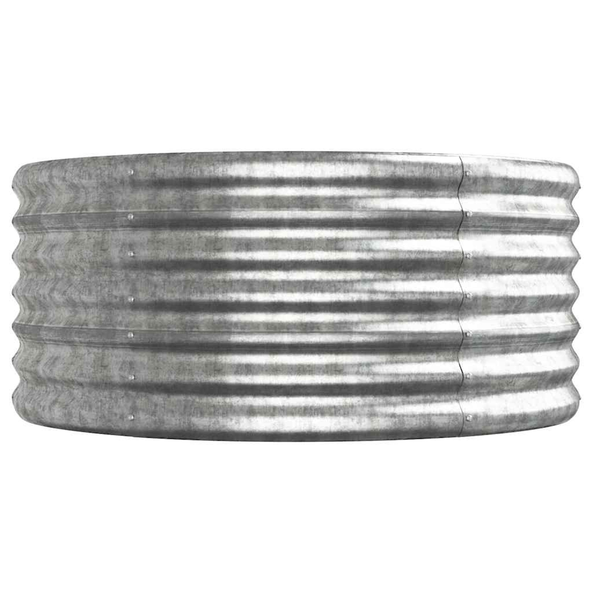 Ein runder, verzinkter Metallbehälter mit horizontalen Rillen und sichtbaren Nieten.