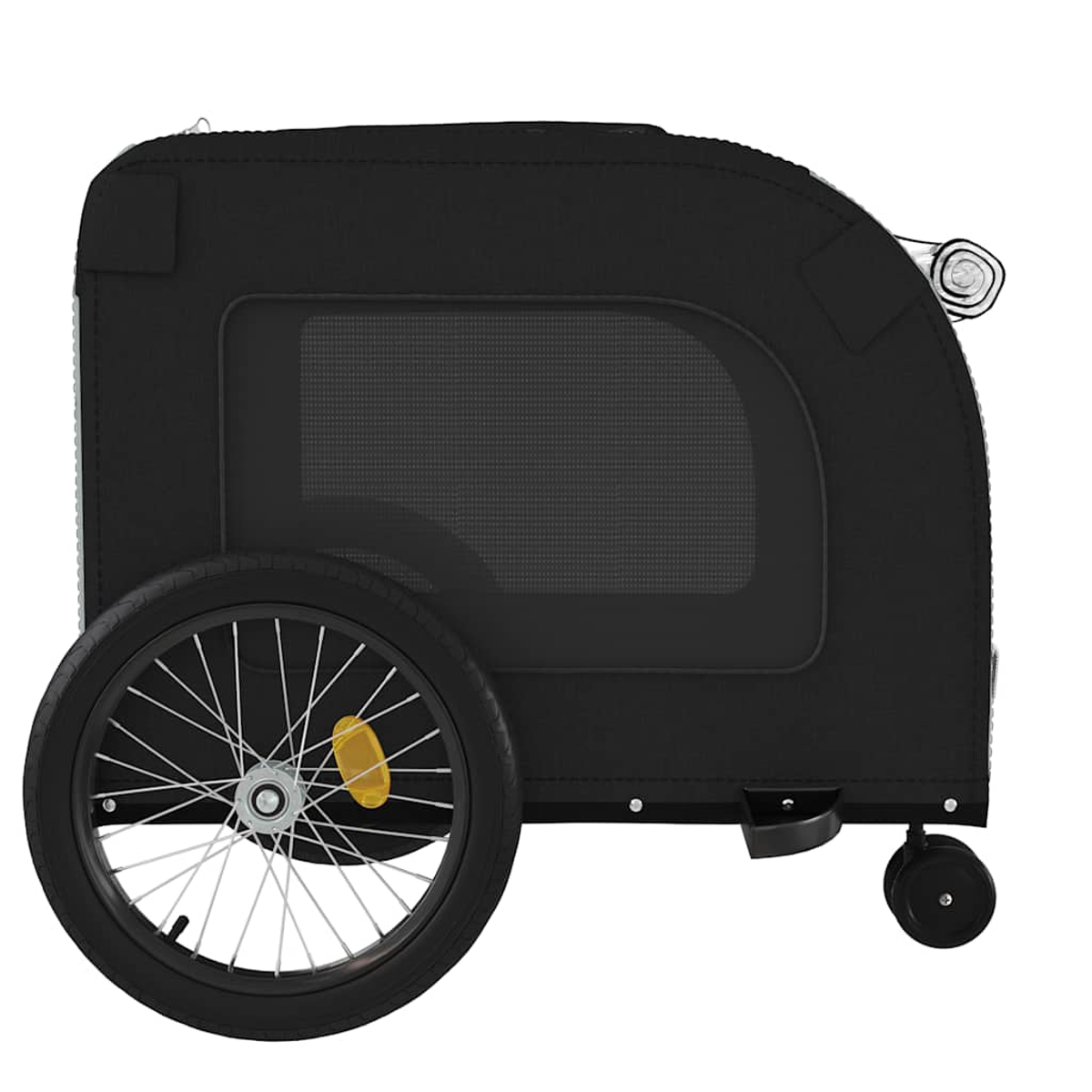 Schwarzer Kinderwagenanhänger mit Rad und Fenster, auf weißem Hintergrund.
