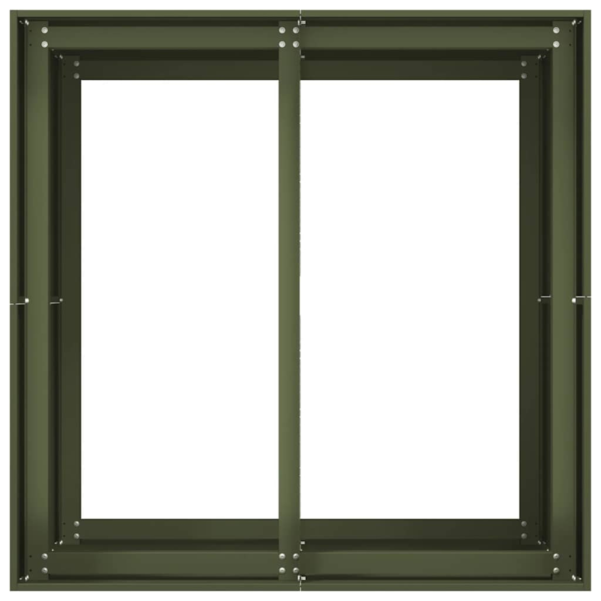 Una cornice in metallo verde scuro con due supporti verticali e rivetti.