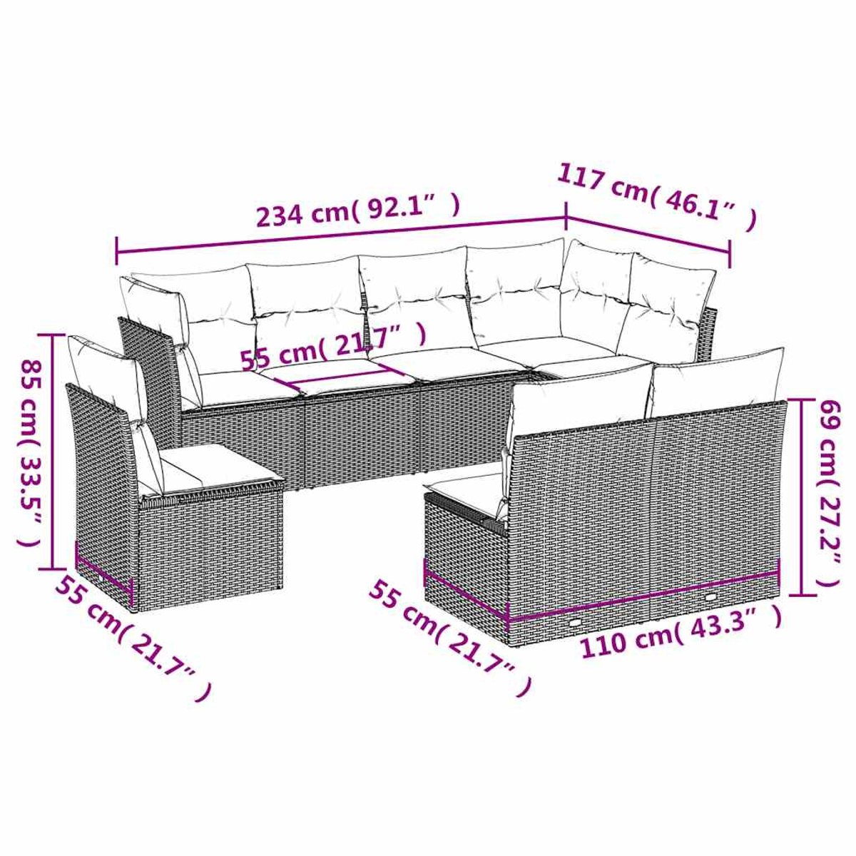 Geflochtenes Ecksofa mit Kissen. Maße in cm und Zoll angezeigt.