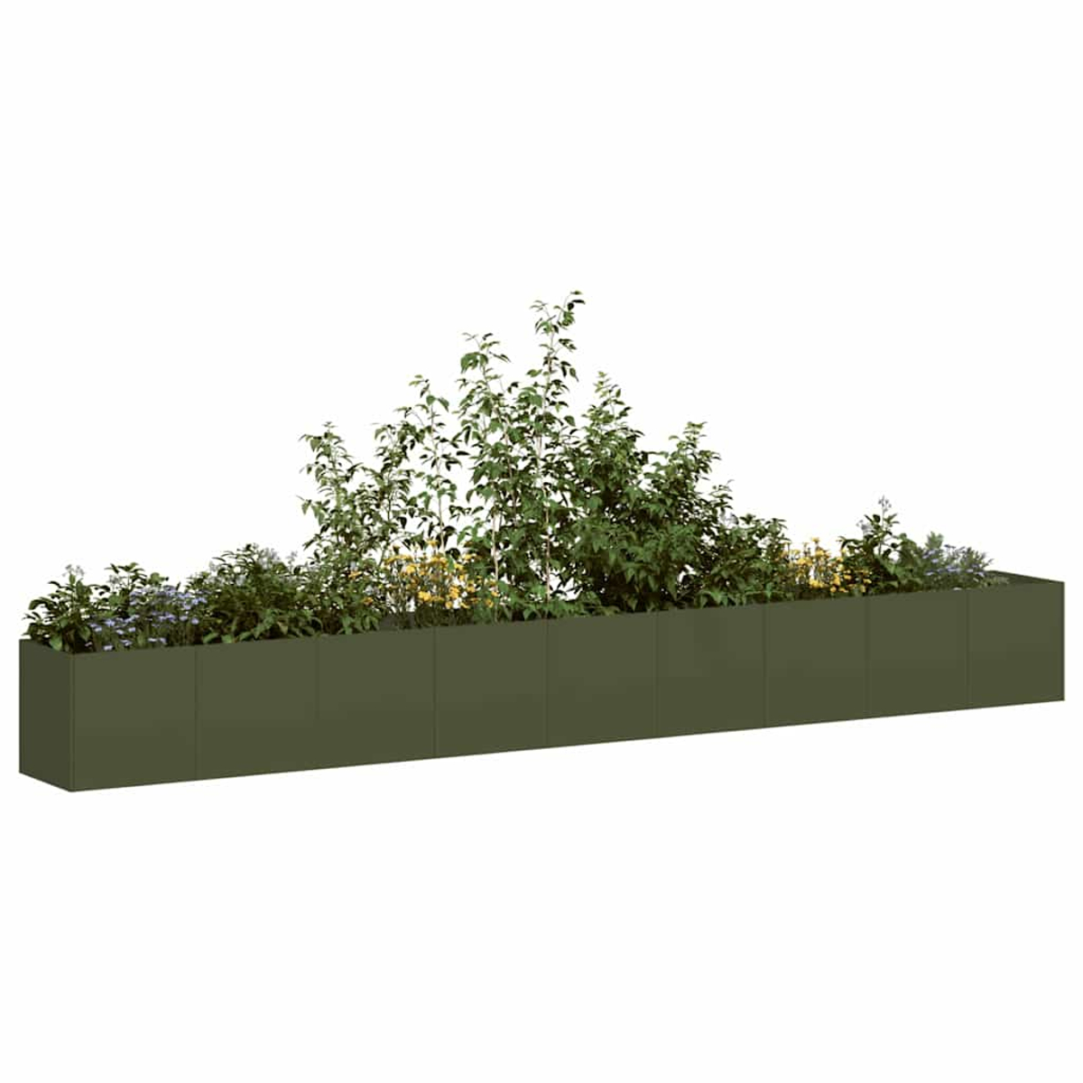 Langer, dunkler Pflanzkasten mit grünen Pflanzen und kleinen gelben und blauen Blumen.