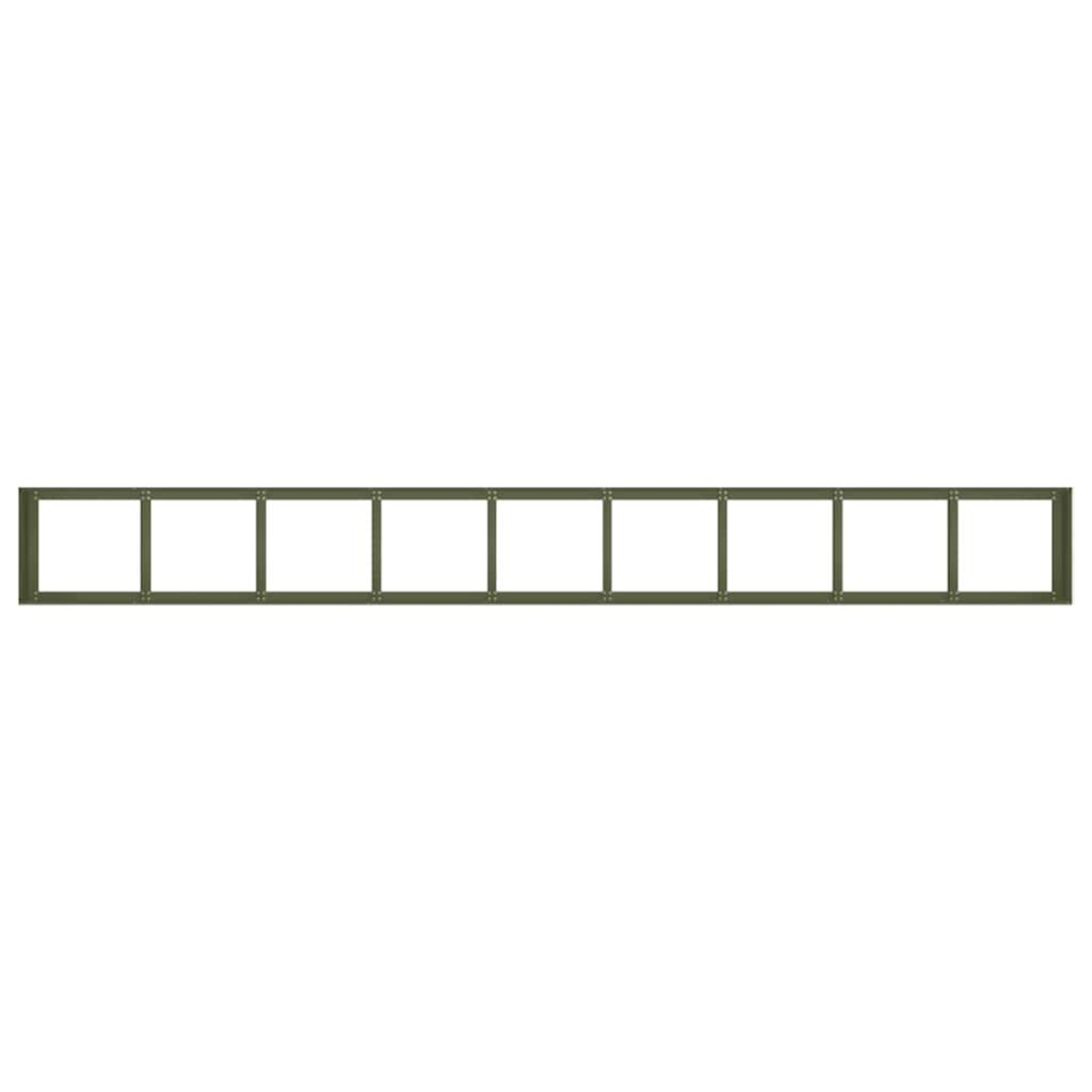 Eine lange, schmale, horizontale Reihe von zehn leeren quadratischen Rahmen.