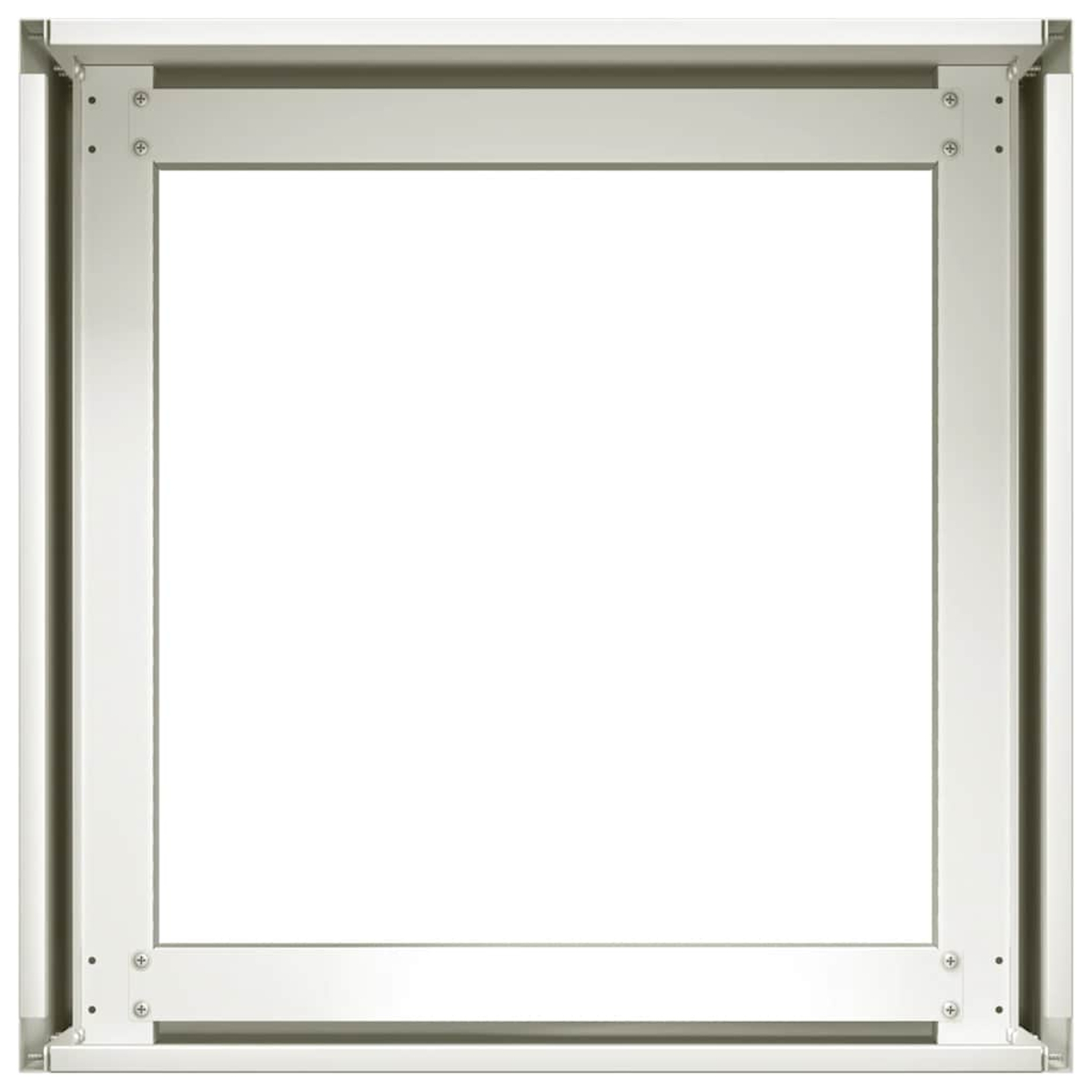 Una cornice in metallo argentato con viti a vista su sfondo bianco.