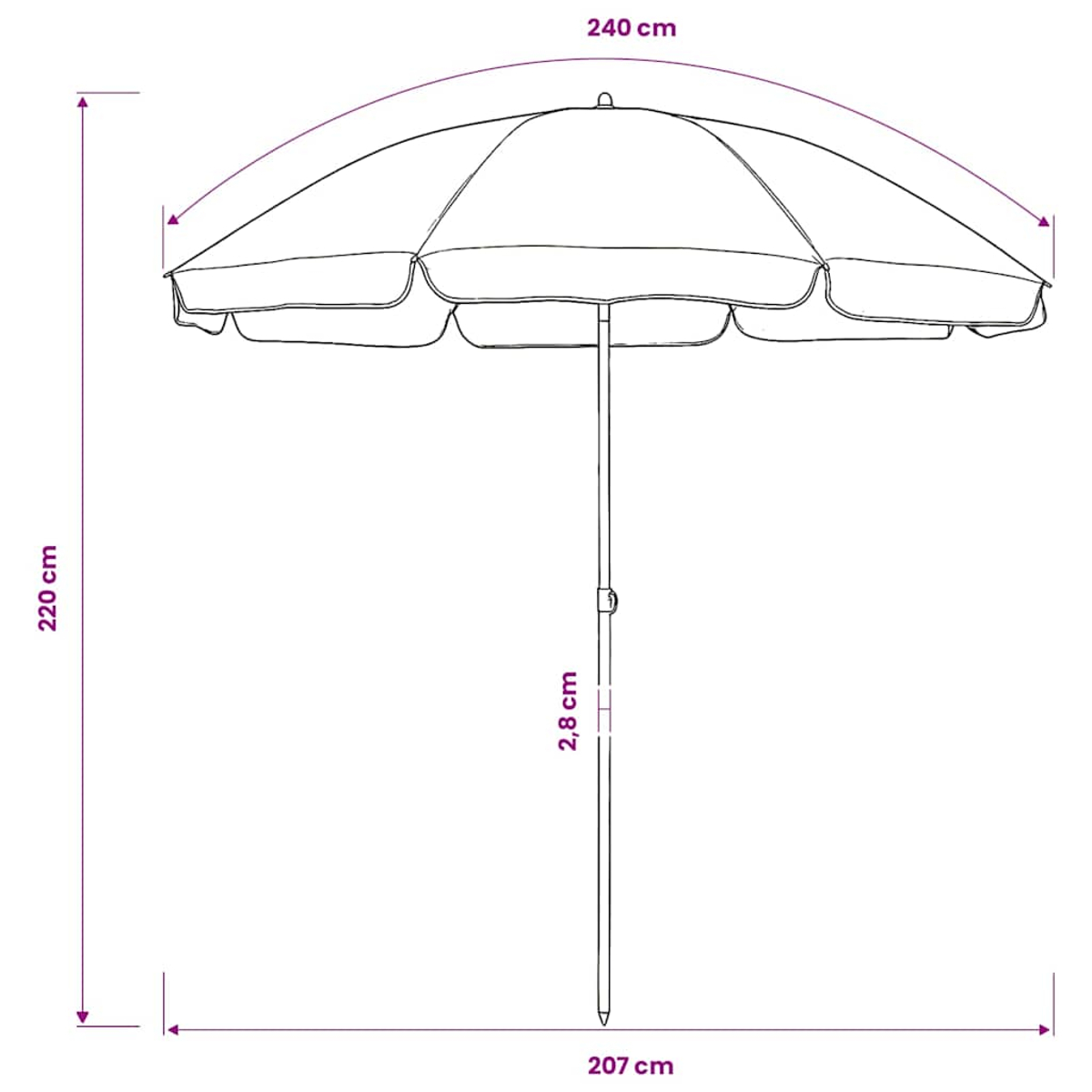 Un ombrellone con dimensioni: 240cm larghezza, 220cm altezza, 207cm base, 2,8cm diametro palo.