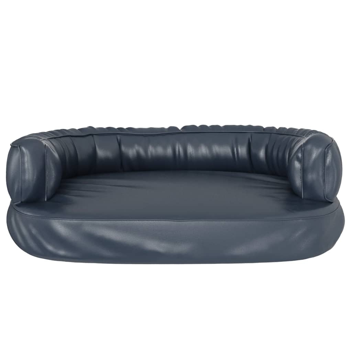 Ein dunkelgraues Ledersofa mit abgerundeten Armlehnen und gesteppter Rückenlehne.