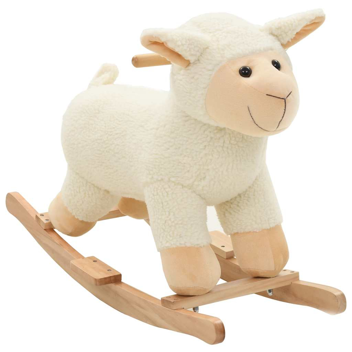 Ein flauschiges weißes Schaf-Schaukelpferd mit Holzwippen auf weißem Grund.