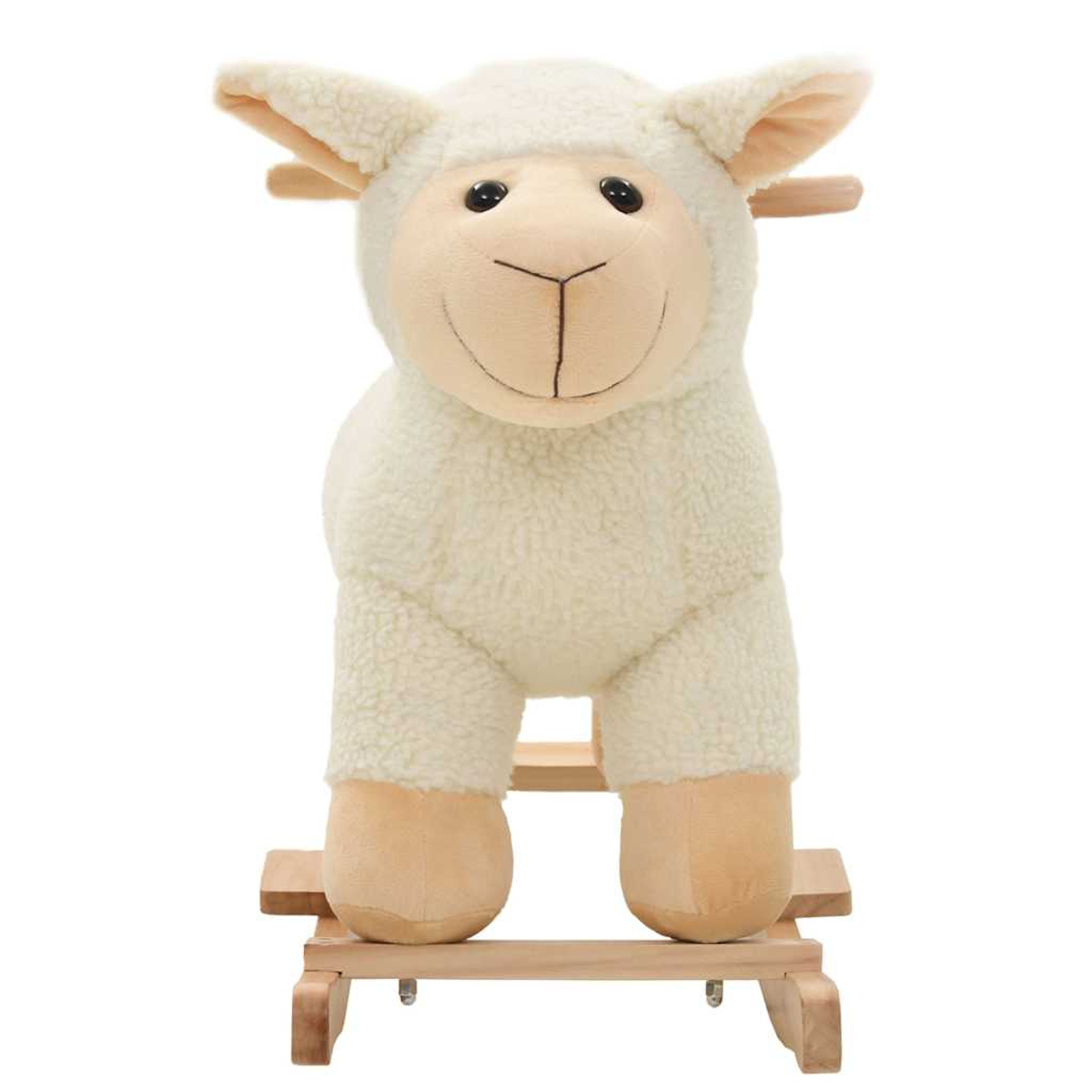 Ein flauschiges Schaf-Schaukeltier aus hellem Stoff mit Holzgestell.