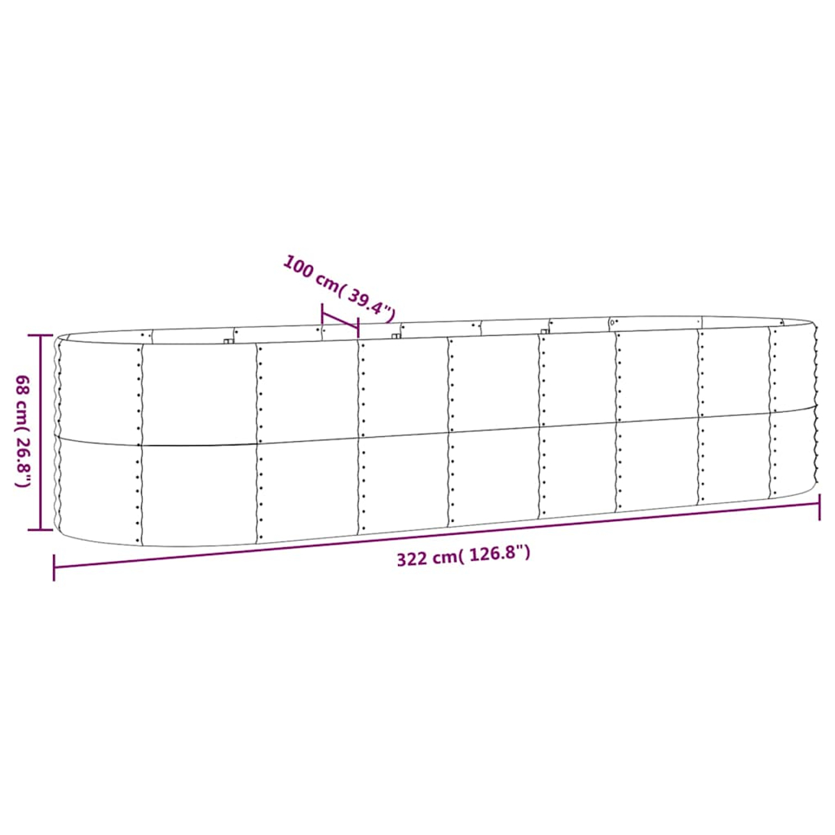 Ovaler Tank mit Maßen: 322 cm Länge, 100 cm Breite, 68 cm Höhe.